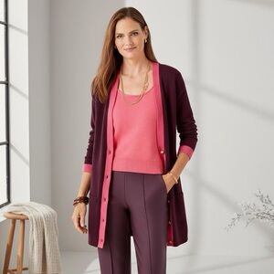 New Talbots V-Neck Tipped Cotton Burgundy Grandpa Cardigan Boyfriend Sweater S